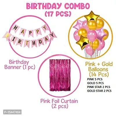 17Pcs Happy Birthday Foil Curtain, Banner and Balloons Decoration Items Combo for Birthday Supplies for Girls, Wife 17Pcs Pink Happy Birthday Decoration Combo Includes: 2Pcs Pink Foil curtain, 1Pc hap-thumb2