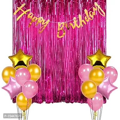 Happy Birthday Decoration Items Combo Kit For Happy Birthday Banner, Pink Foil Curtain, Party Supplies For Girls,Wife,Girlfriend Kit-17Pcs Happy Birthday Decoration Combo Includes: 2Pcs Pink Foil curt-thumb0