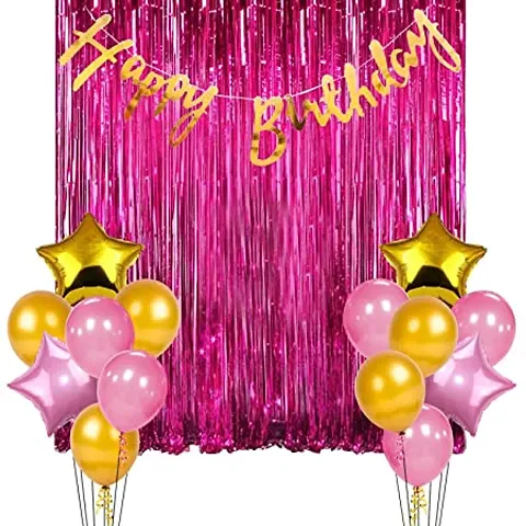 Happy Birthday Decoration Items Combo Kit For Happy Birthday Banner, Pink Foil Curtain, Party Supplies For Girls,Wife,Girlfriend Kit-17Pcs Happy Birthday Decoration Combo Includes: 2Pcs Pink Foil curt