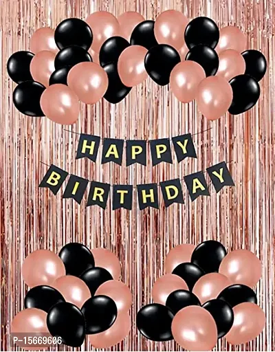 balloons Pack of 33 Pcs Rose gold Happy Birthday Decoration set for girls 1pc Rose gold happy birthday banner, 15pcs black metallic balloon, 15pcs Rose golden metallic balloon and 2pc golden foil curt-thumb0