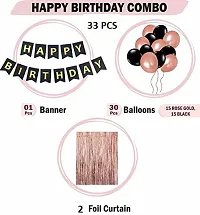 balloons Pack of 33 Pcs Rose gold Happy Birthday Decoration set for girls 1pc Rose gold happy birthday banner, 15pcs black metallic balloon, 15pcs Rose golden metallic balloon and 2pc golden foil curt-thumb1