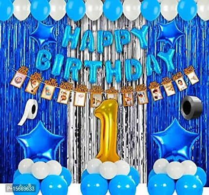 1st Birthday Boy Decoration Combo Set - 42Pcs for Celebration / 1st birthday decoration for boys / First birthday decorations boy theme 1pc blue polka dot HBD foil balloon, 1pc 1-12 month photo banner