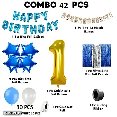 1st Birthday Boy Decoration Combo Set - 42Pcs for Celebration / 1st birthday decoration for boys / First birthday decorations boy theme 1pc blue polka dot HBD foil balloon, 1pc 1-12 month photo banner-thumb2