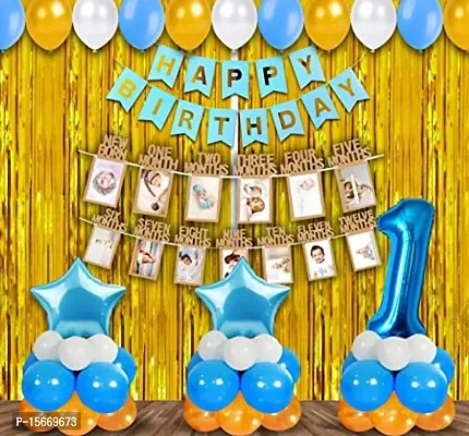 Birthday Decoration kit for 1st Birthday Boys-37Pcs with Foil Curtain / Bday Supplies Items with Blue HBD Bunting, Number Foil Baloons/1st Birth Day Props for Kids, Baby/Newborn Gifts Set