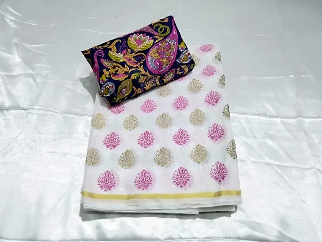 Chanderi Cotton Printed Sarees with Printed Blouse