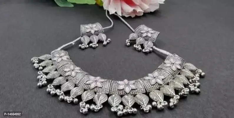 Stylish Fancy Brass Oxidised Silver Artificial Stones Jewellery Set For Women-thumb0
