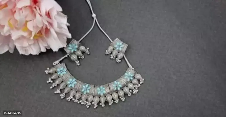 Stylish Fancy Brass Oxidised Silver Artificial Stones Jewellery Set For Women