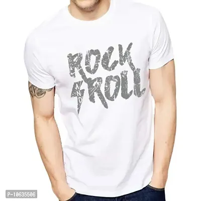 Giftlub Men's Micro Fabric White Rock and ROLL Printed Round Neck Regular Fit Half Sleeve Regular Fit Casual Wear T-Shirt