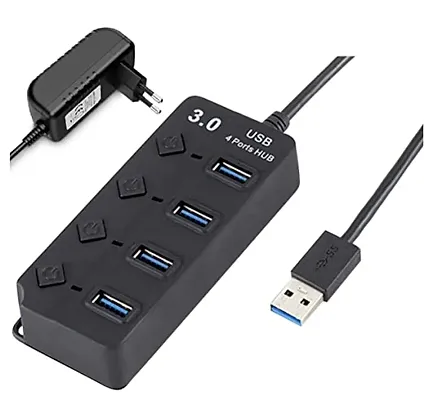 ADZOY 4 Ports 3.0 USB HUB Turn on/Off per Port 5 Gbps LED Indication with Adapter 5V Black