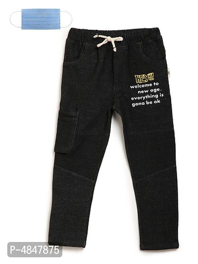 Stylish Black Cotton Typography Boys Track Pant With FREE 3-Ply Face Mask-thumb0