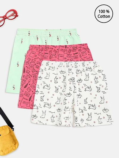 Homegrown Elegant Cotton Jersey Printed Regular Shorts For Girls- Pack Of 3