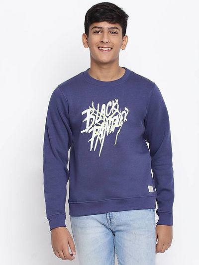 Elite Navy Blue Cotton Fleece Typography Printed Sweatshirts For Boys