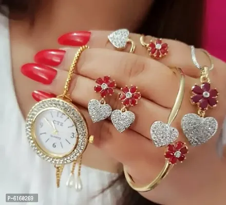Gold Plated  Necklace Combo Set With Designer Bracelet Watch