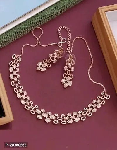 American Diamond Studded Rose Gold Plated Necklace Set-thumb0