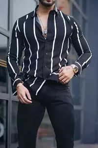 Black Men Slim Fit Striped Casual Shirt Lycra-thumb2