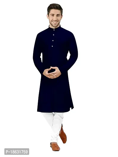KRISHNAM FASHION Ethnic Look Cotton Blend Straight Kurta Pajama Set. Classic Kurta Pajama Set special for men's Suitable for All Occasions Will give You Smart LookingMore Attractive (S, Navy Blue)-thumb0