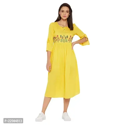 WineRed Women Yellow Embroidered Gathered Dress-thumb0