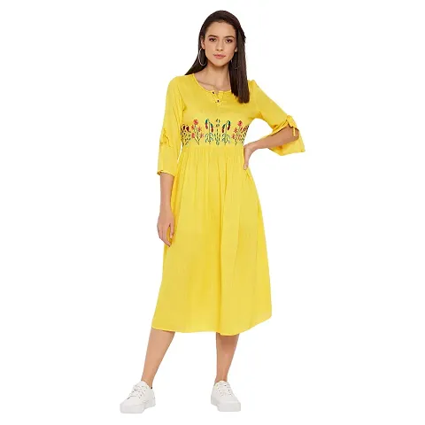 WineRed Women Yellow Embroidered Gathered Dress