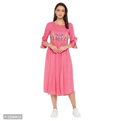 WineRed Women Pink Rayon Gathered Embroidered Dress-thumb0