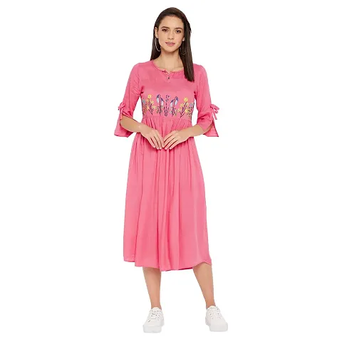 WineRed Women Pink Rayon Gathered Embroidered Dress