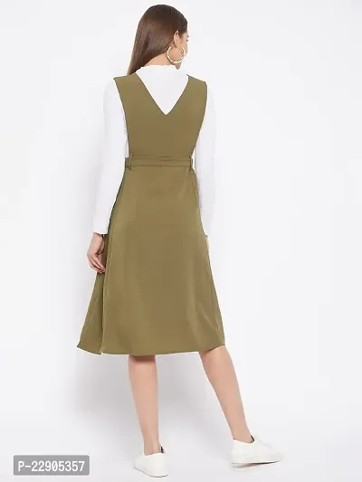 WineRed Women Soild Pinafore Dress with Button Green-thumb5