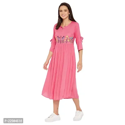 WineRed Women Pink Rayon Gathered Embroidered Dress-thumb3