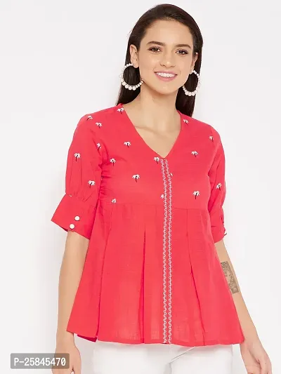 Elegant Red Cotton Embroidered Top For Women