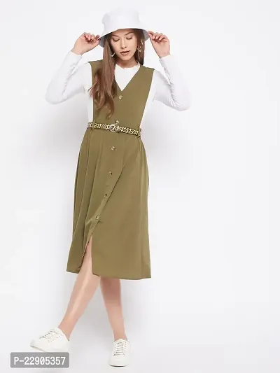 WineRed Women Soild Pinafore Dress with Button Green-thumb2