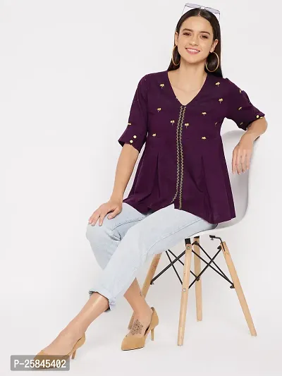 Elegant Purple Cotton Embroidered Top For Women-thumb0