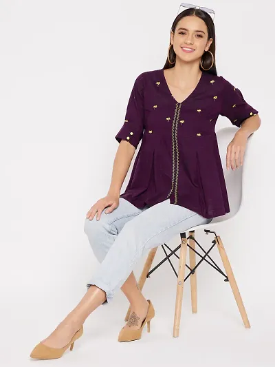 Elegant Purple Cotton Embroidered Top For Women