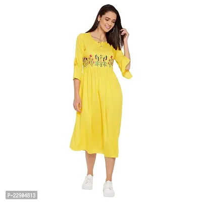 WineRed Women Yellow Embroidered Gathered Dress-thumb2