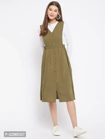 WineRed Women Soild Pinafore Dress with Button Green-thumb3