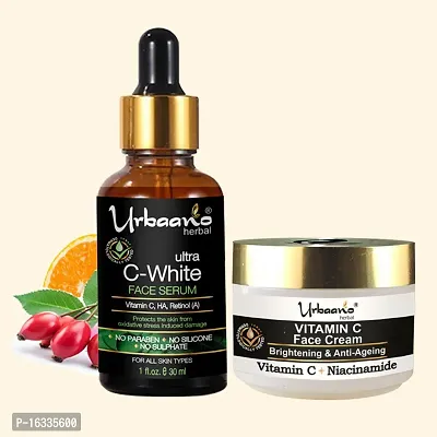 Urbaano Herbal Vitamin C Face Cream (50gm) and 20% Vitamin C Face Serum with Niacinamide  Hyaluronic Acid (30ml) -Combo Pack
