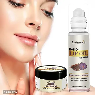 Urbaano Herbal Lip Balm,Lip Oil Serum Combo - Tint free, Kumkumadi Hydrates, Softens, Restores Natural Colour to Dark, Dry, Pigmented and Chapped Lips for Men, Women  Teenagers - 10ml + 15gm