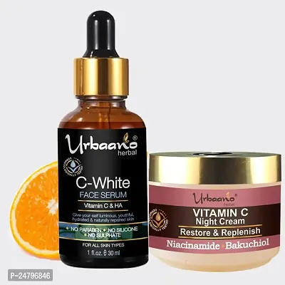 Urbaano Herbal Vitamin C Face Serum  Night Cream Combo Skin Nourishing, Brightening Firming for Women  Men (30ml+50gm)-thumb0