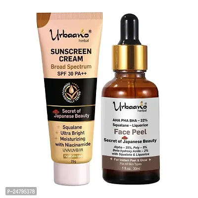 Urbaano Herbal 25% AHA + 2% BHA + 5% PHA Liquorice Squalane Peeling Solution for Bright  Smooth Skin  Pore Cleansing with SPF 30 PA++ Cream Combo 30ml + 25gm