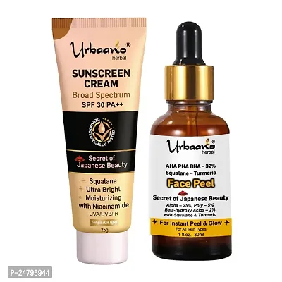 Urbaano Herbal Face Serum 25% AHA + 2% BHA + 5% PHA Squalane Peeling Solution for Glowing  Smooth Skin  Pore Cleansing with SPF 30 PA++ Cream Combo 30ml + 25gm