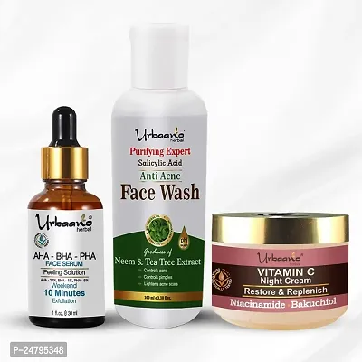 Urbaano Herbal De Tan Facial Kit- AHA Peeling Serum, Vitamin C Night Cream, Neem, Tea Tree Face Wash (30ml+50gm+100ml)