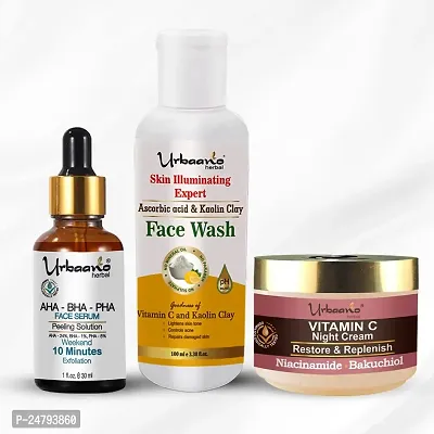 Urbaano Herbal Vitamin C Facial Kit for Glowing  Beautiful Skin - AHA Peeling Serum, Vitamin C Night Cream  Face Wash - (30ml+50gm+100ml)