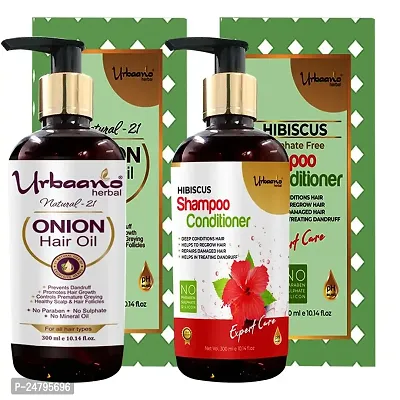 Urbaano Herbal Nourishing Onion Hair Oil  Anti Hairfall Hibiscus Shampoo, Sulphate, Mineral Oil  Paraben Free, Combo Hair Care Formula - 300 ml Each - 600 ml