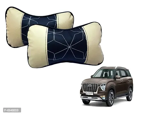 Car Seat Neck Rest Softy Cushion Pillow for HYUNDAI ALCAZAR - Pack Of 2, Black, Beige