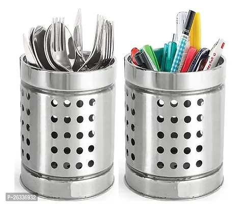 ERcial? Stainless Steel Empty Cutlery Holder Case (Silver, Holds 50 Pieces) 10x10x15 cm (Pack of 2)-thumb0