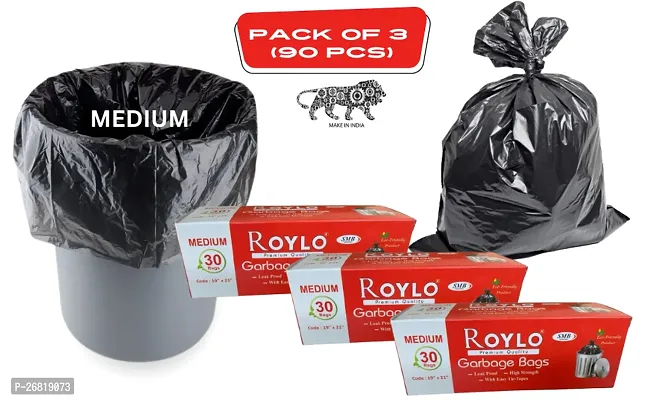 Roylo Black Garbage Bags Medium 90 Pcs | 30 Pcs x Pack of 3 Rolls | 19 x 21 Inch | Dustbin Bags/Trash Bags/Dustbin Covers for Wet and Dry Waste