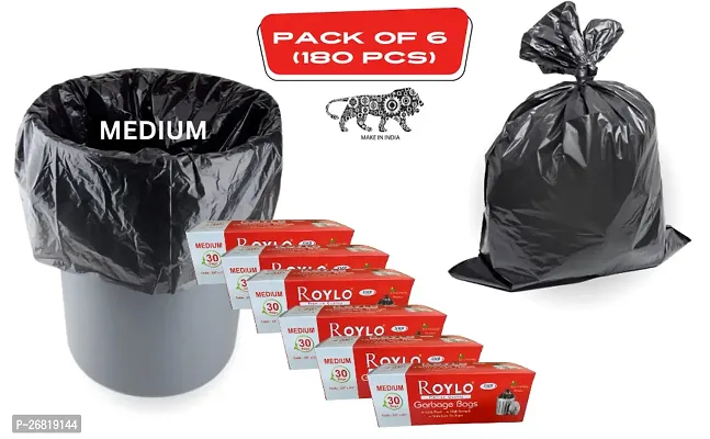 Roylo Black Garbage Bags Medium 180 Pcs | 30 Pcs x Pack of 6 Rolls | 19 x 21 Inch | Dustbin Bags/Trash Bags/Dustbin Covers for Wet and Dry Waste