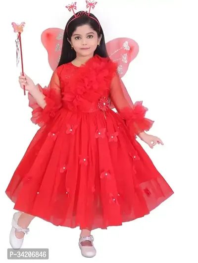 Fabulous Red Net Printed A-Line Dress For Girls-thumb0