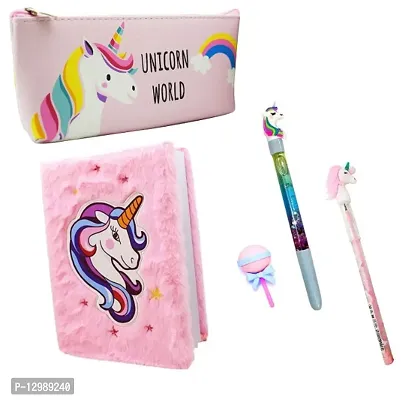 7 Piece Unicorn Stationery Set for Girls, Unicorn Diary Set for Girls with  Fur Pencil Box