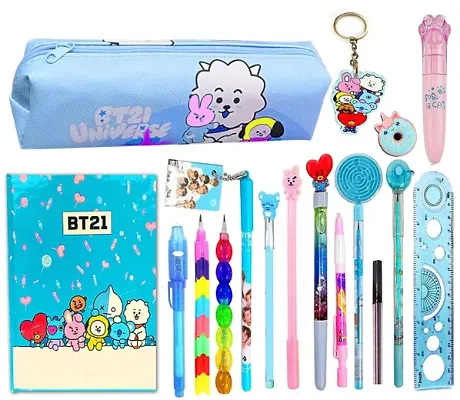 Kobbetreg; 17pcs BTS Stationery Set BT-21 Small Pencil Pouch, BT-21 A6 Size Diary with BTS Pen Pencil Eraser Key Chain All Stationery Jumbo Pack Return Gift for Girls BTS Stationery Party Favor Gift blue