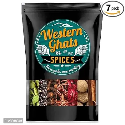Western Ghats Kerala 7 Assorted Exotic Whole Spices Combo Pack | Cardamom Mace Nutmec Pepper Cinnamon Cloves Star Anise (160G)