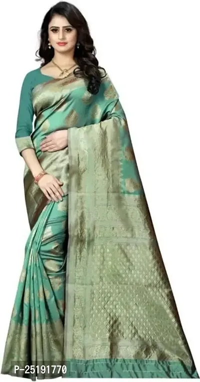 Mahakay Women's Jacqaurd Silk Blend Lightweight Casual wear Kanjivaram Saree With Unstitched Blouse Piece (A-S-1020131_Turquoise)