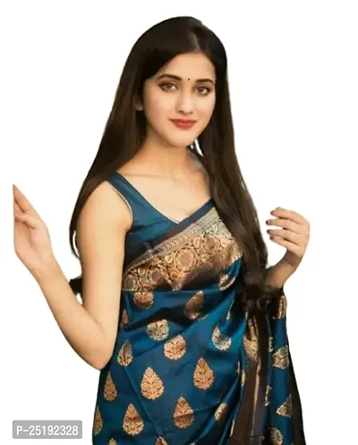 Mahakay Women's Pure Kanjivaram Silk Saree for Wedding with Blouse Piece,Wedding Banarasi Style Saree (Blue)-thumb0